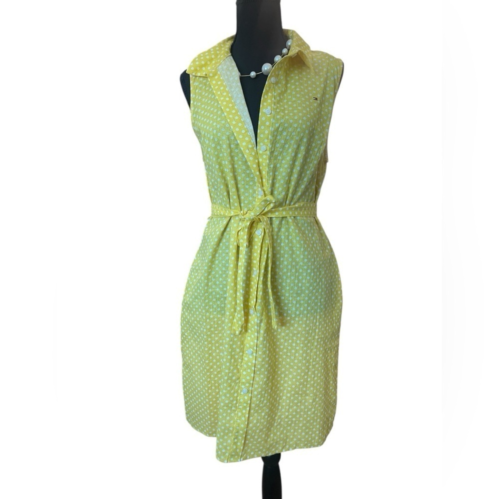 Tommy Hilfiger Yellow Polka Dot Sundress Size12 Button Front Belt Pockets Summer - Picture 9 of 9